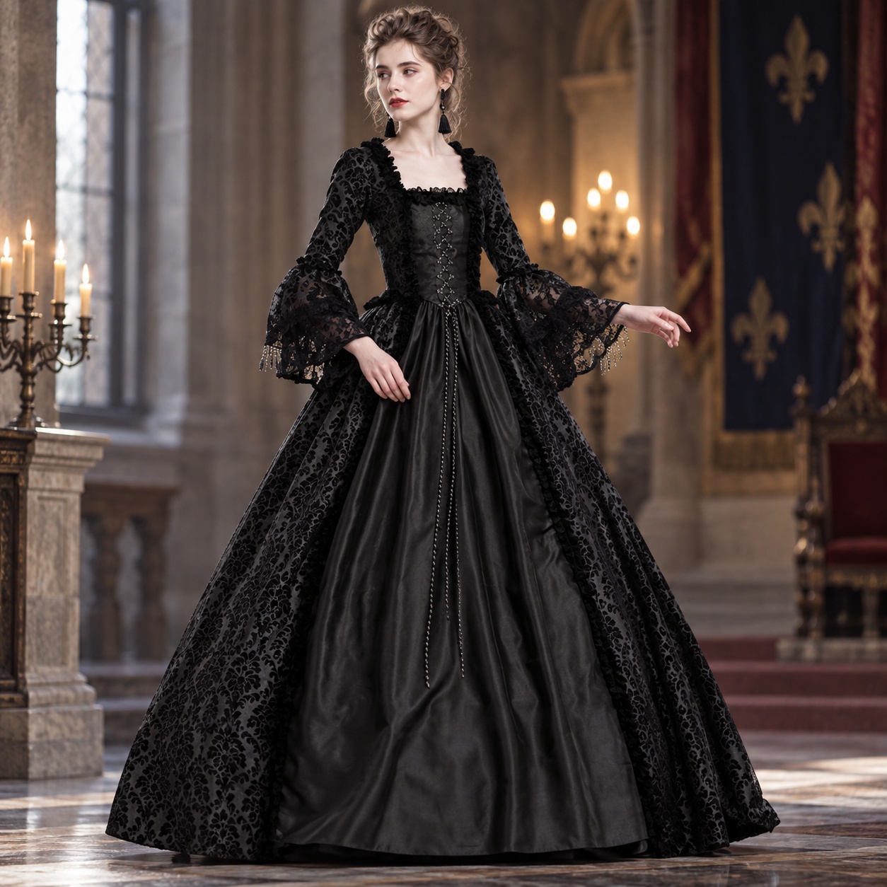 Dresses - Yamalı, Geniş Kollu, Maksi Boy, Yüksek