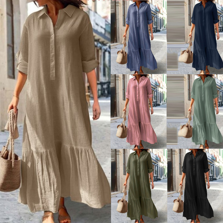 Casual Loose Linen Shirt Dress - 2025 Kadın Keten Gömlek Elbise -