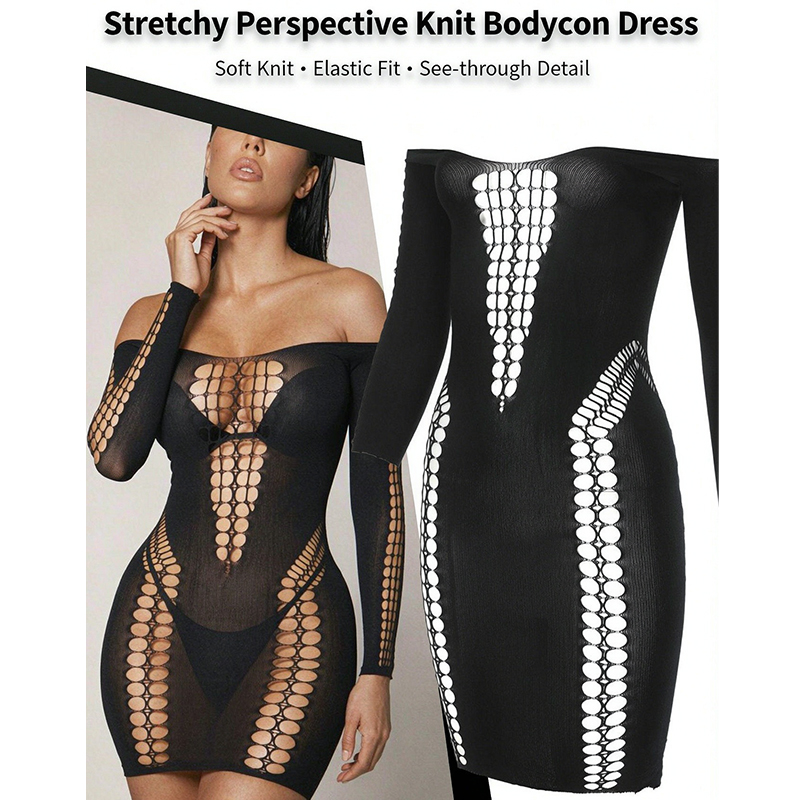 Sexy Mesh Sheer Bodycon Dress - Kadınlar İçin Şeffaf File Uzun Kollu
