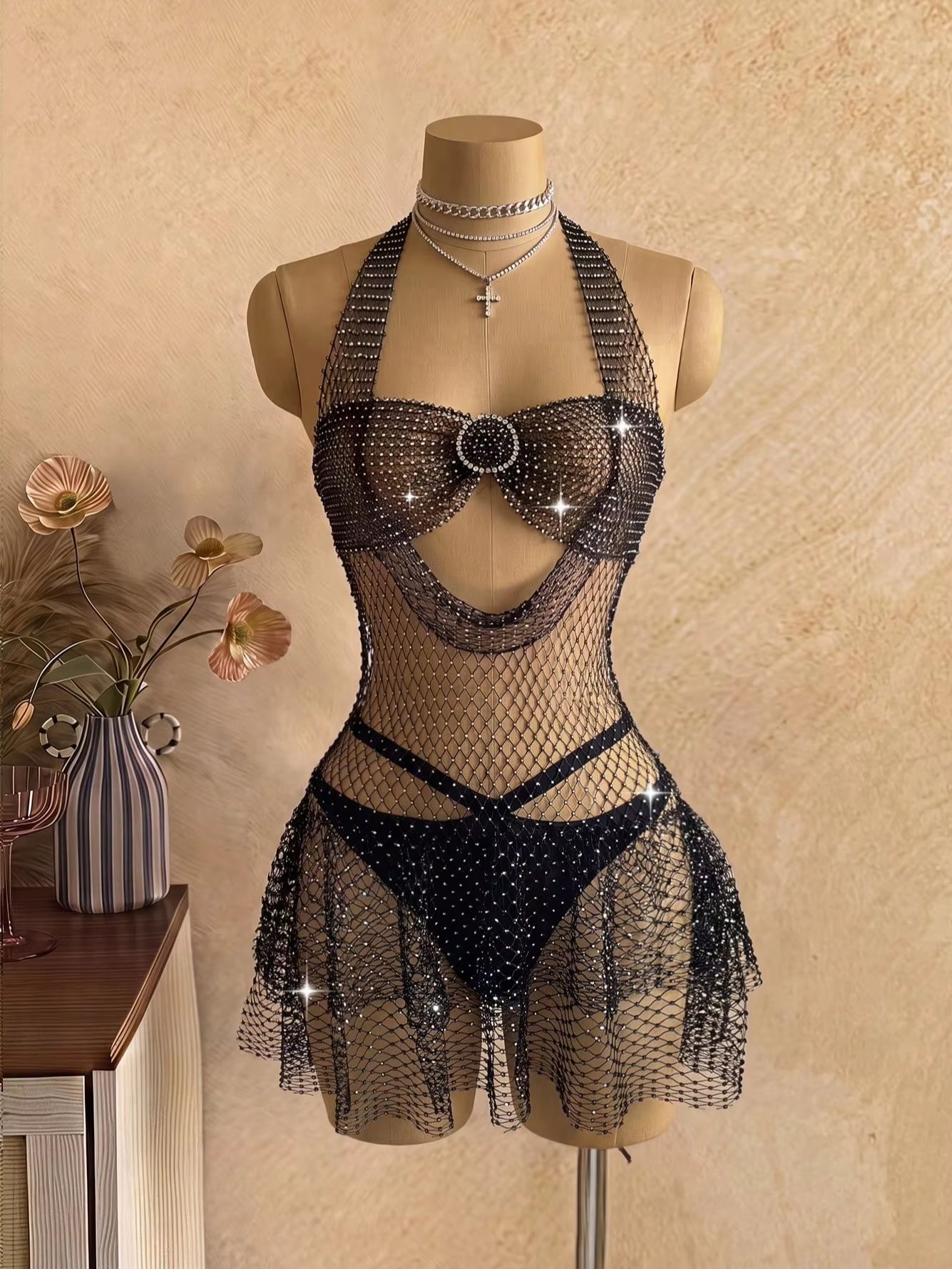 Sparkly Rhinestone Club Party Dress - Siyah Rhinestone Detaylı File Halter Elbise