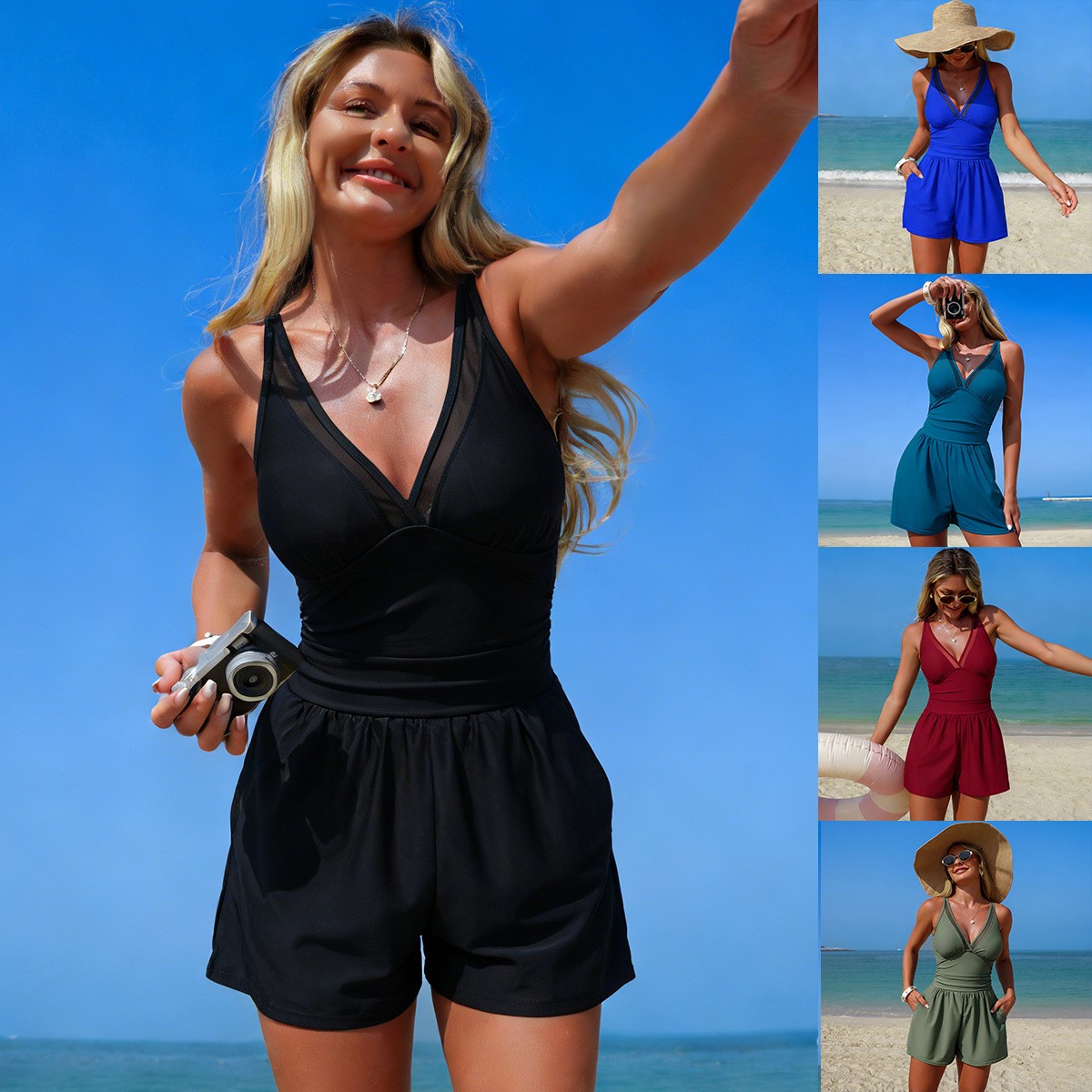 Swimwear - Siyah Düz Renk Kolsuz V Yaka