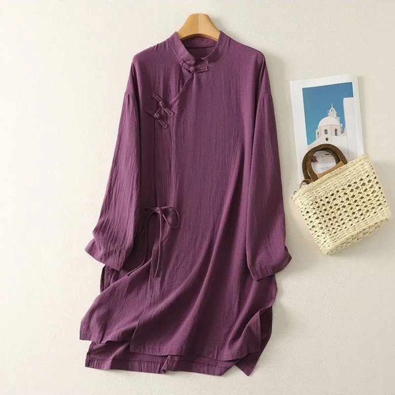 Casual Loose Linen Shirt Dress - Kadın Çin Tarzı Kurbağa Düğmeli Keten