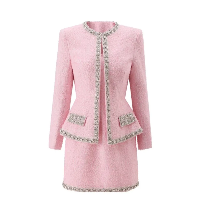 Tweed Two Piece Blazer Dress - Premium Pembe Tüvit Kadın İki Parçalı