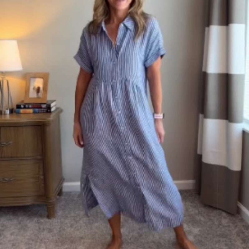 Casual Loose Linen Shirt Dress - Kadın Çizgili Gömlek Elbise Yazlık Bol