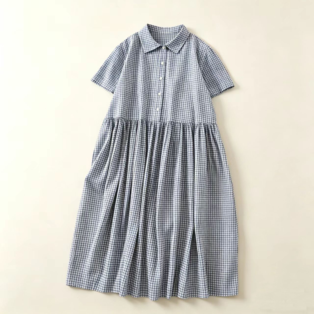 Mavi Ekose Yaka Midi Elbise Ka - Casual Loose Linen Shirt Dress incelemesi ve fiyatı