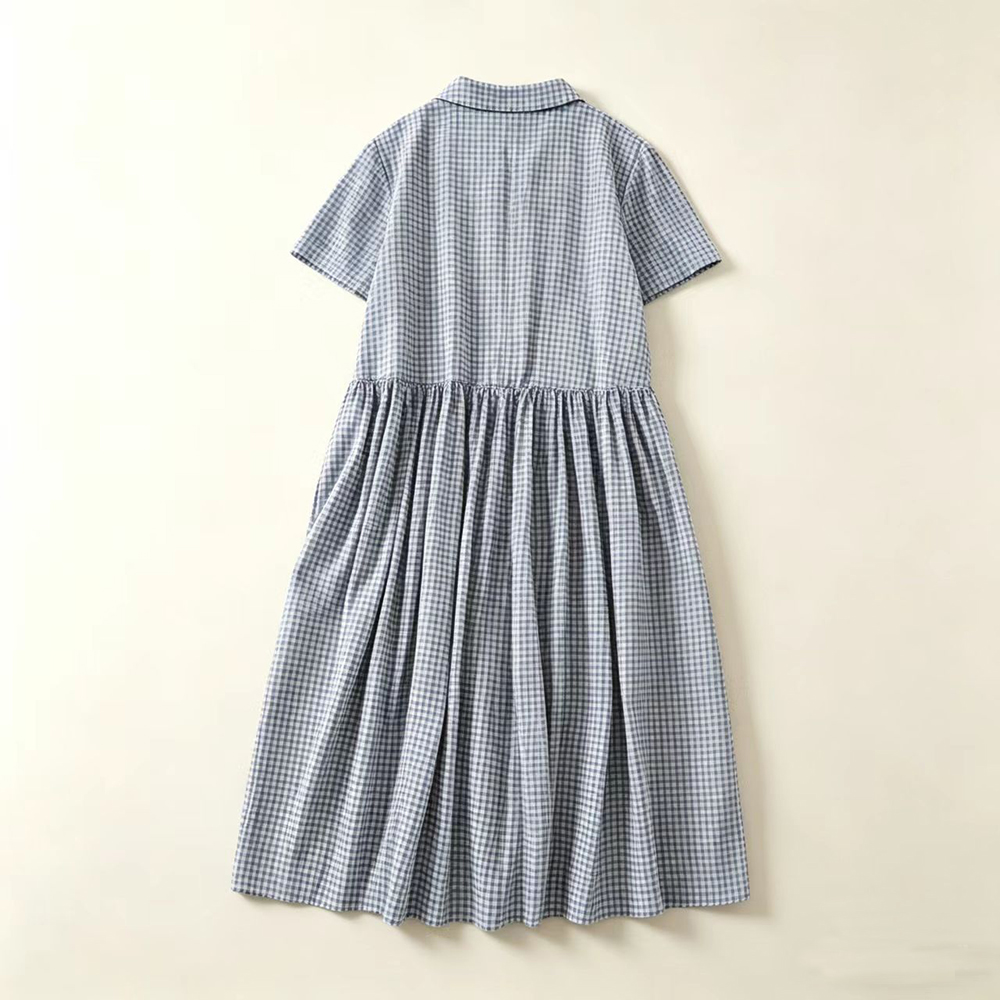 Mavi Ekose Yaka Midi Elbise Ka - Casual Loose Linen Shirt Dress incelemesi ve fiyatı