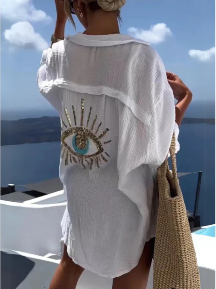 Yaz Rahat Payet Göz Gömlek Elb - Casual Loose Linen Shirt Dress incelemesi ve fiyatı