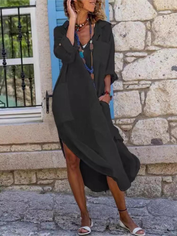 Beyaz kadın Gömlek Elbise Düz  - Casual Loose Linen Shirt Dress incelemesi ve fiyatı